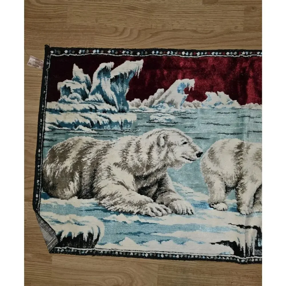 Vintage 70s Polar Bear Tapestry Rug Wall Hanging Velour Velvet 20x38 Retro
